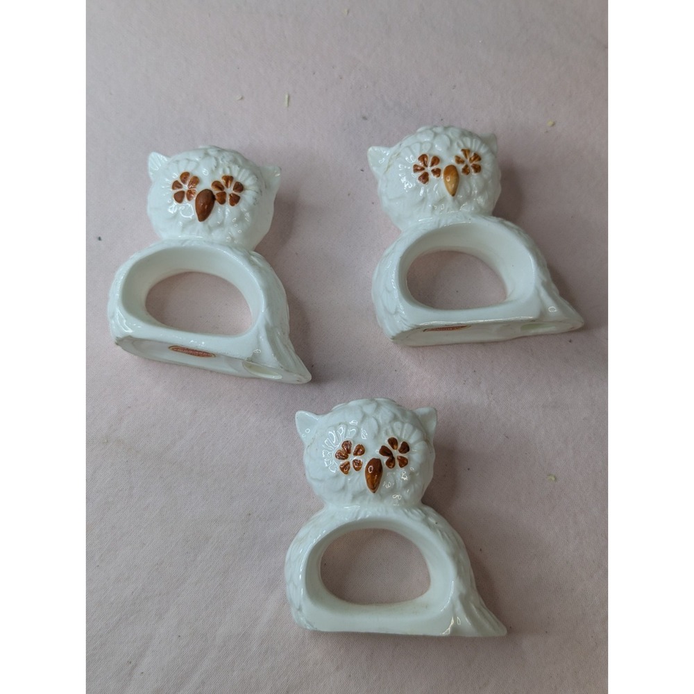 3 lot Bone‎ China white brown Owl napkin rings holder tablescape table decor